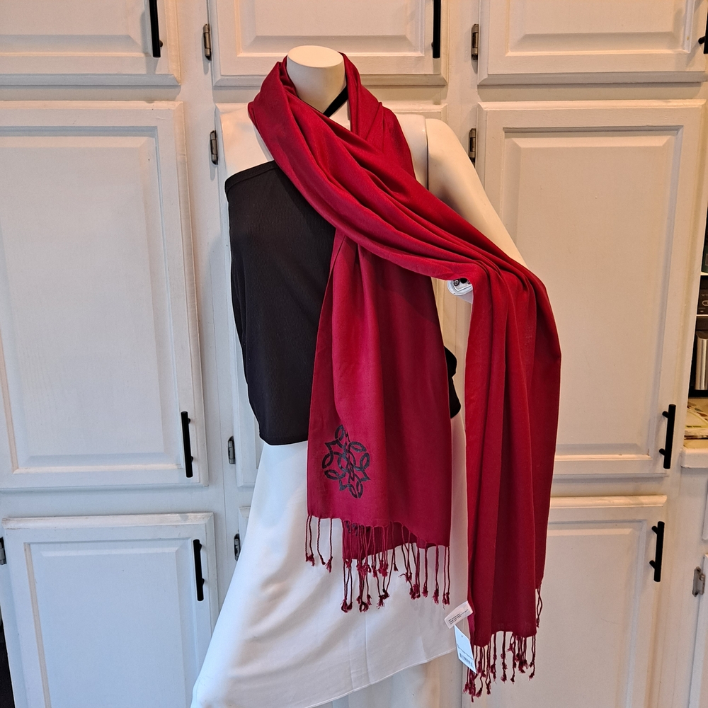 Pashmina Inspired Red Scarf w/ Black Handpainted Accent & Fringe Pashmina Style
